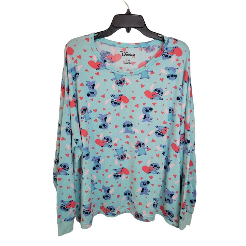 Disney Blue Stitch Hearts Valentines Long Sleeve Pajama Top Women's Size XL‎